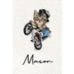 Mason: Cahier personnalisé avec prénom Mason | Cadeau d'anniversaire pour enfant, garçon, homme, copain ... | Chat à bicyclette | 110 pages lignée, Petit Format 6x9 pouces (15,24 x 22,86 cm)