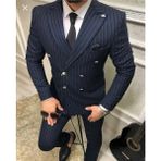 Massaro Erkek Kruvaze Takım Elbise Slim Fit %98 Yün - %2 Elastane Günlük Kullanım İçin - 66 - Lacivert - Siyah - Beyaz
