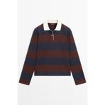 Massimo Dutti Uzun kollu çizgili pamuklu polo yaka t-shirt