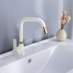 Mat Beyaz Gold Lavabo Bataryası Pirinç 360 Derece Oynar Perlatörlü Siera