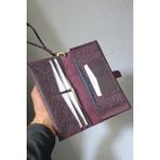 MAT DERİ Mor Kadın Cüzdanı Hakiki Deri Telefon Bölmeli El Yapımı Bilek Askılı Uzun Cüzdan Şal Desen