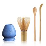 Matcha çay seti, bambu Matcha süpürge ve Matcha kaşığı, seramik Matcha çırpma teli tutucu Matcha süpürge seti (mavi)