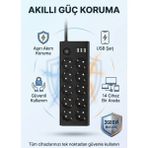 Matechno 10'lu 2mt Uzatma Kablolu Çoklu Priz Akım Korumalı Grup Uzatma Priz 3x USB 1x Type-C Çıkışlı Priz - Siyah