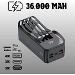 Matechno 36.000 Mah Çoklu Kablolu Dijital Gösterge Powerbank Şarj Aleti 4x USB Çıkışlı Powebank - Siyah