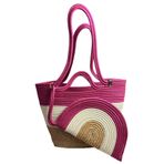 MaVaux Mira İkili Fermuarlı Clutch Çanta ve Omuz Çantası Fuşya-Krem-Hasır