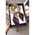 Mavero Kadın Lacivert Taba Zincir Kemer Desenli Rayon Fular 50x50 cm İpeksi Yumuşak Saç Çanta Aksesuarı