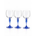 Mavi Ayaklı Kristal Şarap Kadehi, El Üfleme Cam, Şeffaf Gövde, 18 cm Yükseklik, 3'lü Set