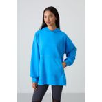 Mavi Balon Kol Yazı Nakışlı Kadın Oversize Tunik Sweatshirt - 97163