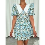 Mavi Bebe Yaka Çiçekli Balon Elbise