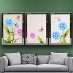 Mavi Çiçekler ve Kırmızı Kelebekler Temalı Aynalı Çerçeveli 3 lü Kanvas Tablo Seti 150x70 cm SETS0264