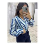 Mavi Çizgili Bodysuit Bluz