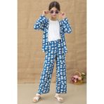 Mavi Desenli Bluzlu Geniş Paça Pantolonlu Kız Çocuk 3lü Takım 20760 - 10 Yaş
