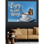 Mavi Fon Çiçek Desenli Kahve Fincanı Ve Kelebek "Enjoy Little Things" Dekoratif Kanvas - Mdf Ahşap Tablo