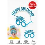 Mavi Happy Birthday Simli Doğum Günü Taç ve Gözlük Seti – Parti Aksesuarı, Fotoğraf Konsepti