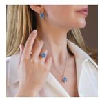 Mavi Paraiba Taşlı Kare Lotus Çiçeği Gümüş Set