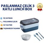 Mavi Paslanmaz Çelik 3 Katlı Yemek Taşıma Kabı Isı Yalıtımlı Lunch Box