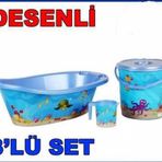 MAVİ RENK DENİZ DESENLİ BEBEK YIKAMA BANYO KÜVET SETİ KOVA MAŞRAPA KÜVET FİLESİ ile KÜVET TAKIMI