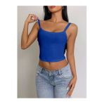 Mavi Renk Kalın Askılı Düz Desensiz Likralı Kaşkorse Fitilli Crop Top Bluz