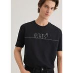 Mavi Siyah Tişört Kısa Kol Erkek Günlük Stil Loose Fit 100% Pamuklu Logo Baskılı