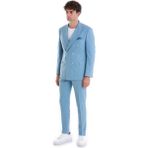Mavi Slim Fit Çizgili Kruvaze Takım Elbise - 50 - Açık Mavi