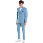 Mavi Slim Fit Çizgili Kruvaze Takım Elbise - 50