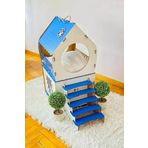 Mavi Trend Dekoratif Ahşap Kedi Evi Teraslı 2 Katlı Merdivenli Kedi Evi Mavi - Beyaz