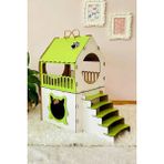 Mavi Trend Dekoratif Ahşap Kedi Evi Teraslı 2 Katlı Merdivenli Kedi Evi Yeşil - Beyaz - Siyah