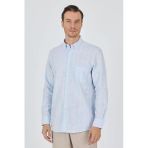 Mavi Uzun Kol Çizgili Desen Düğmeli Yaka Cepli Classic Comfort Fit Gömlek 1004250189