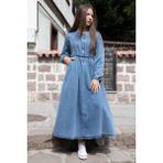 Mavi Uzun Kollu Önü Fermuarlı Kız Çocuk Kuşaklı Jean Elbise 22741 - 10 - 11 Yaş