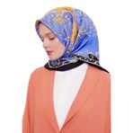 Mavi Varak Desenli Twill İpek Eşarp