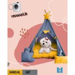 Mavi Vitrin Küçük Irk Köpek ve Kedi Çadırı Yıkanabilir Soft Yırtılmaz Kumaş Doğal Ahşap - Gri