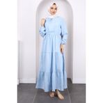Mavi Yaka Bağlamalı Eteği Katlı Muslin Elbise - 44