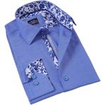 Mavi Yaka ve Manşet Içi Beyaz Mavi Yaprak Detaylı Slim Fit Erkek Gömlek - XL