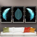 Mavi Yaprak ve Mavi Tüy Temalı Aynalı Çerçeveli 3 lü Kanvas Tablo Seti 150x70 cm SETS0056