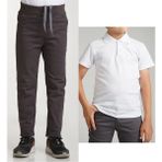 Mavimoure Unisex Çocuk Ribana Bel Keten Füme Okul Pantolonu + Polo Yaka Kısa Kol T-Shirt - Füme - Beyaz - 7 Yaş
