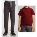 Mavimoure Unisex Çocuk Ribana Bel Keten Füme Okul Pantolonu + Polo Yaka Kısa Kol T-Shirt - Füme - Bordo - 8 Yaş