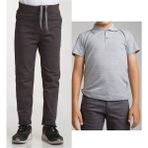 Mavimoure Unisex Çocuk Ribana Bel Keten Füme Okul Pantolonu + Polo Yaka Kısa Kol T-Shirt - Füme - Gri - 13 Yaş