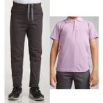 Mavimoure Unisex Çocuk Ribana Bel Keten Füme Okul Pantolonu + Polo Yaka Kısa Kol T-Shirt - Füme - Lila - 8 Yaş