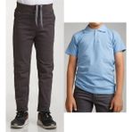 Mavimoure Unisex Çocuk Ribana Bel Keten Füme Okul Pantolonu + Polo Yaka Kısa Kol T-Shirt - Füme - Mavi - 7 Yaş