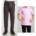 Mavimoure Unisex Çocuk Ribana Bel Keten Füme Okul Pantolonu + Polo Yaka Kısa Kol T-Shirt - Füme - Pembe - 9 Yaş