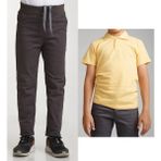 Mavimoure Unisex Çocuk Ribana Bel Keten Füme Okul Pantolonu + Polo Yaka Kısa Kol T-Shirt - Füme - Sarı - 9 Yaş