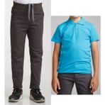 Mavimoure Unisex Çocuk Ribana Bel Keten Füme Okul Pantolonu + Polo Yaka Kısa Kol T-Shirt - Füme - Turkuaz - 7 Yaş