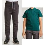 Mavimoure Unisex Çocuk Ribana Bel Keten Füme Okul Pantolonu + Polo Yaka Kısa Kol T-Shirt - Füme - Yeşil - 10 Yaş