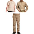 Mavimoure Unisex Çocuk Ribana Bel Keten Okul Pantolonu + Polo Yaka Kısa ve Uzun Kol T-Shirt - Bej - Bej - 7 Yaş