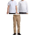 Mavimoure Unisex Çocuk Ribana Bel Keten Okul Pantolonu + Polo Yaka Kısa ve Uzun Kol T-Shirt - Bej - Beyaz - 10 Yaş