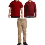 Mavimoure Unisex Çocuk Ribana Bel Keten Okul Pantolonu + Polo Yaka Kısa ve Uzun Kol T-Shirt - Bej - Bordo - 8 Yaş