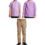 Mavimoure Unisex Çocuk Ribana Bel Keten Okul Pantolonu + Polo Yaka Kısa ve Uzun Kol T-Shirt - Bej - Lila - 14 Yaş