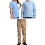 Mavimoure Unisex Çocuk Ribana Bel Keten Okul Pantolonu + Polo Yaka Kısa ve Uzun Kol T-Shirt - Bej - Mavi - 10 Yaş