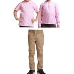 Mavimoure Unisex Çocuk Ribana Bel Keten Okul Pantolonu + Polo Yaka Kısa ve Uzun Kol T-Shirt - Bej - Pembe - 14 Yaş