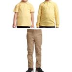 Mavimoure Unisex Çocuk Ribana Bel Keten Okul Pantolonu + Polo Yaka Kısa ve Uzun Kol T-Shirt - Bej - Sarı - 6 Yaş